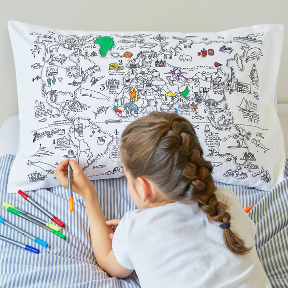 World Map color in cotton pillowcase eatsleepdoodle USA