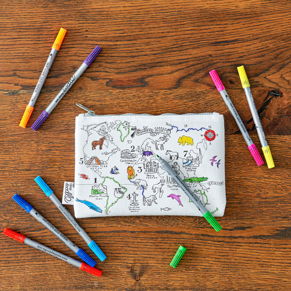 world map pencil case – color in & learn