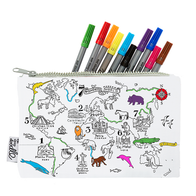 world map pencil case – color in & learn