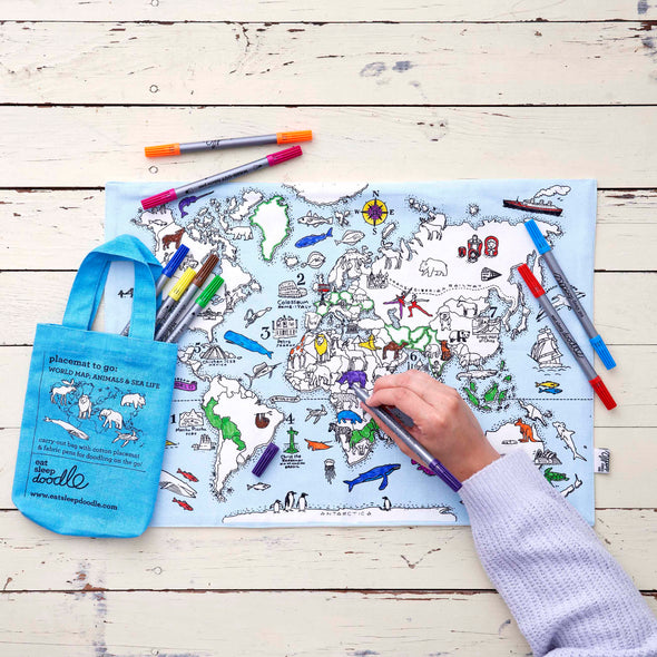 world map; animals & sea life placemat to go – color-in & learn