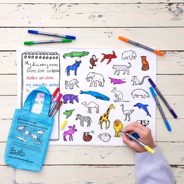 world map; animals & sea life placemat to go – color-in & learn