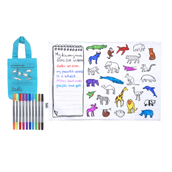 world map; animals & sea life placemat to go