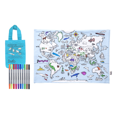 world map; animals & sea life placemat to go – color-in & learn