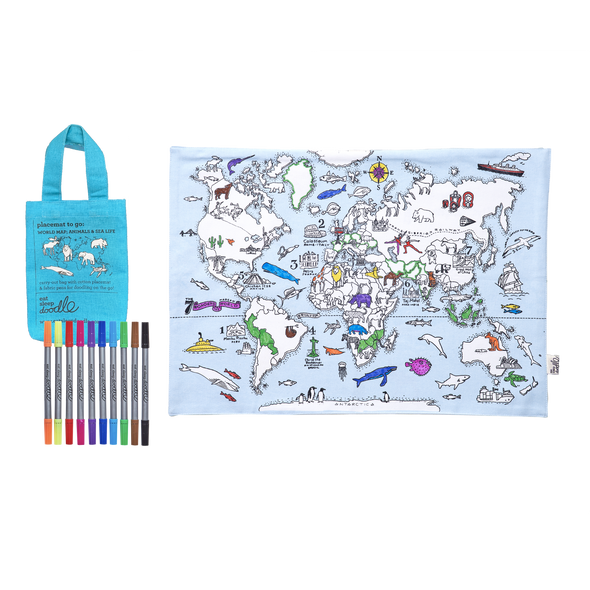 world map; animals & sea life placemat to go – color-in & learn